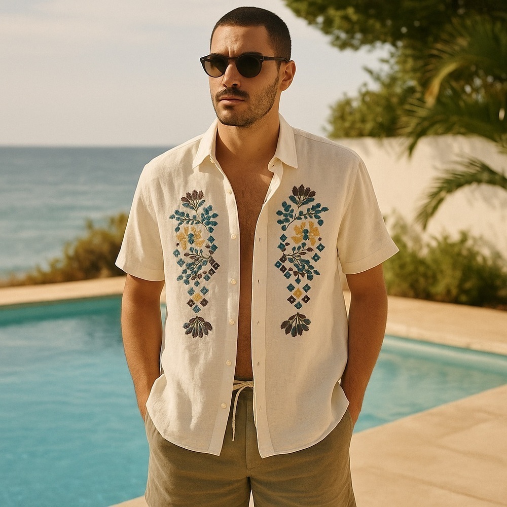Folk Men's Cream Shirt with Colorful Embroidery